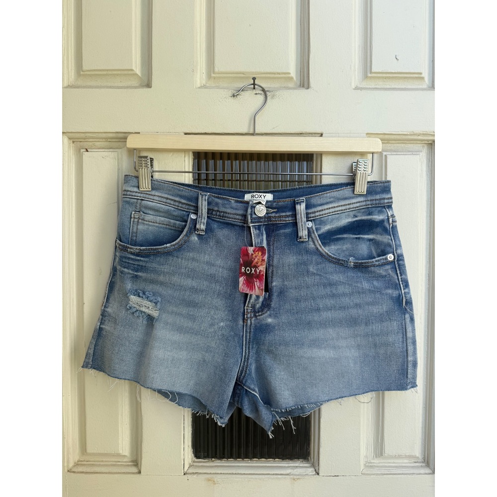 Roxy Womens Distressed Raw Hem Denim Jean Shorts Blue Size 7 Medium Wash NEW